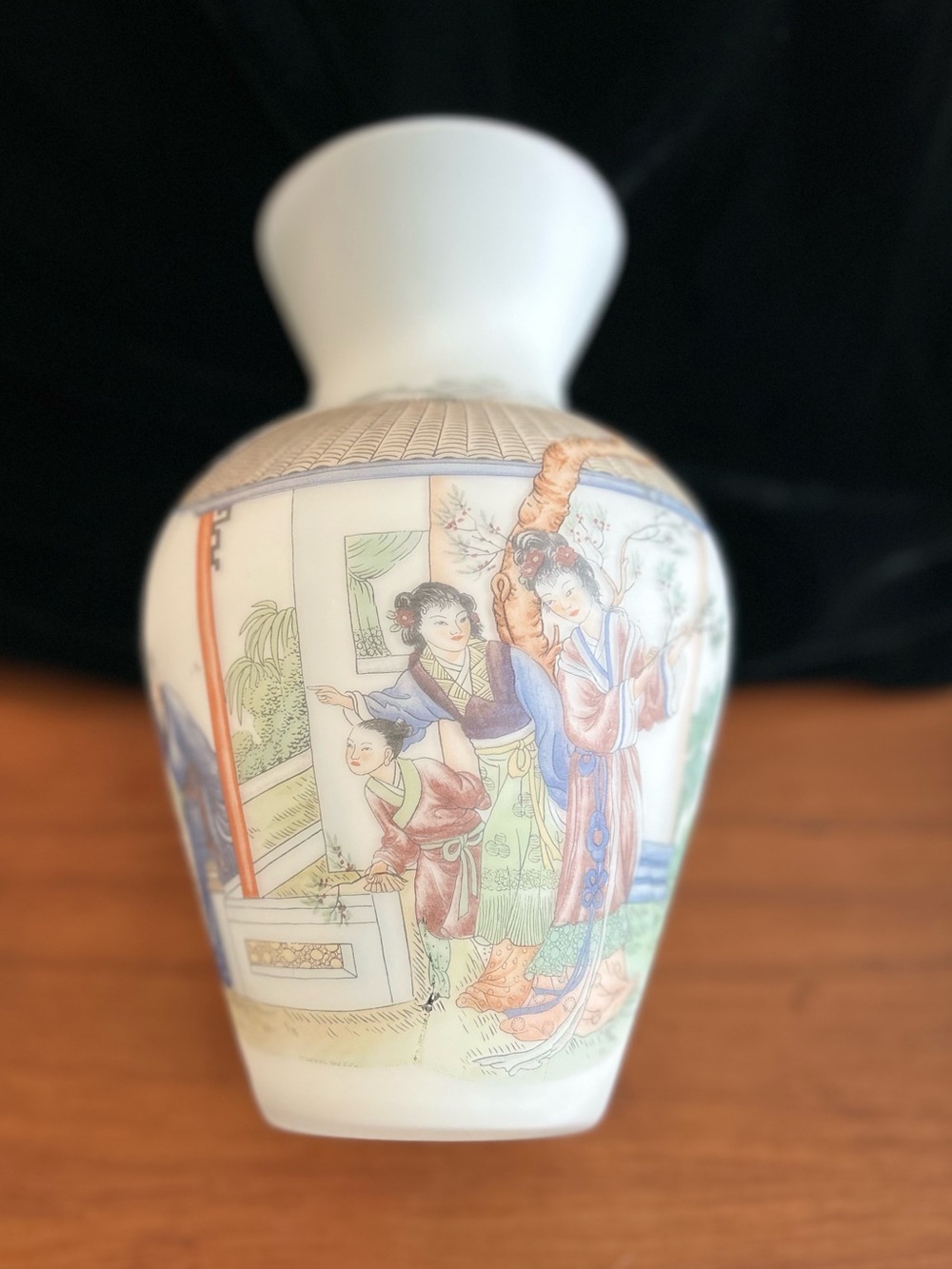 Opaline glass vase with Asian transfer-printed decoration.